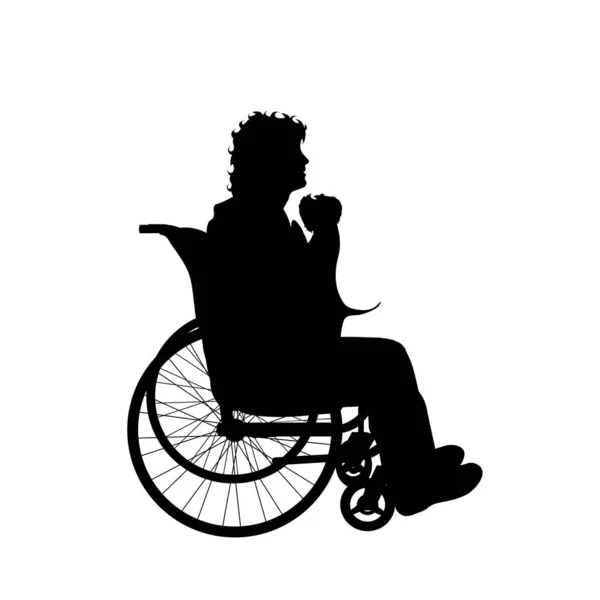 Vektorsilhouette Eines Mannes Rollstuhl Mit Hund Auf Weißem Hintergrund — Stockvektor