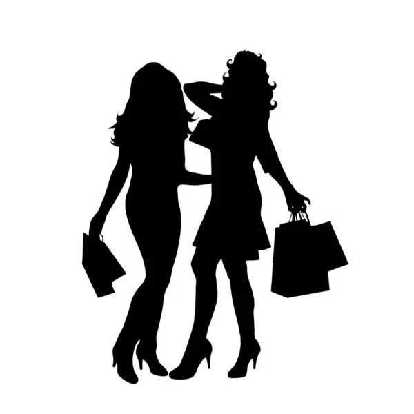 Silhouette Vectorielle Deux Jeunes Femmes Avec Des Sacs Provisions Sur — Image vectorielle