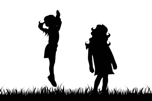 Vector Silhouette Two Little Girls Having Fun Grass White Background — Stock Vector