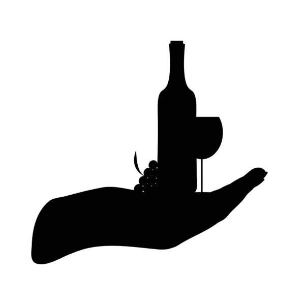Silhouette Vectorielle Bouteille Vin Verre Vin Main Sur Fond Blanc — Image vectorielle