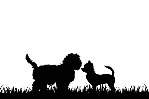 Vektor Ilustrasi Dua Anjing Kecil Yang Lucu Rumput Latar Belakang - Stok Vektor