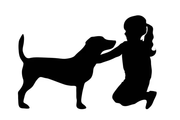 Vector Silhouette Little Girl Dog White Background — Stock Vector