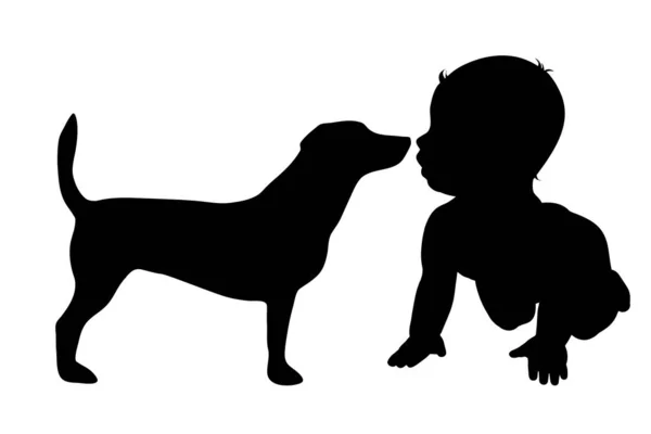Vector Silhouette Child Dog White Background — Stock Vector