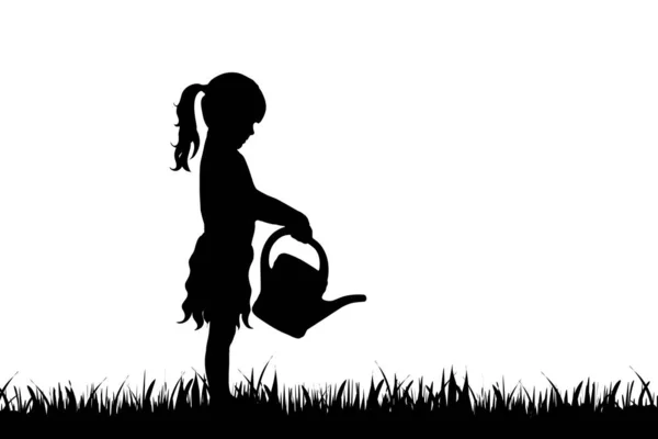 Vector Silhouette Little Girl Watering Grass White Background — Stock Vector