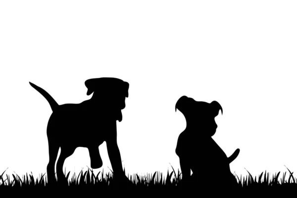 Vektorové Ilustrace Dva Roztomilé Malé Psy Trávě Bílé Pozadí — Stockový vektor