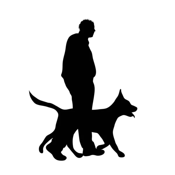 Silueta Vectorial Hombre Con Perro Sobre Fondo Blanco — Archivo Imágenes Vectoriales