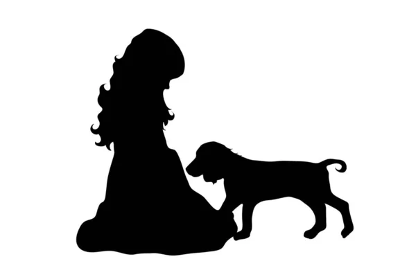 Vector Silhouette Little Girl Dog White Background — Stock Vector