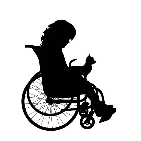 Vector Silhouette Little Girl Wheelchair Dog White Background — Stock Vector