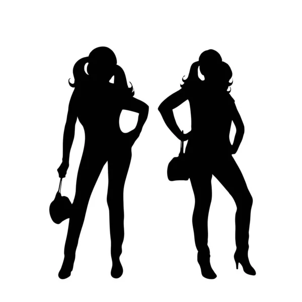 Vector Silhouet Van Twee Jonge Vrouwen Met Handtassen Witte Achtergrond — Stockvector