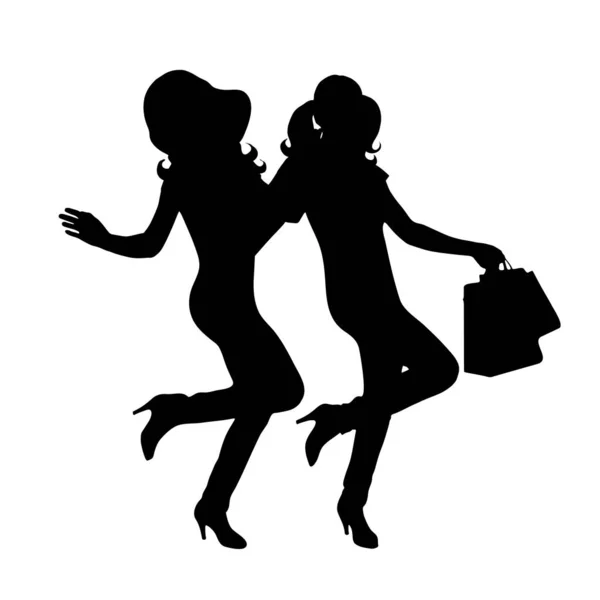 Vector Silhouette Two Young Women Shopping Bags White Background — Stock Vector