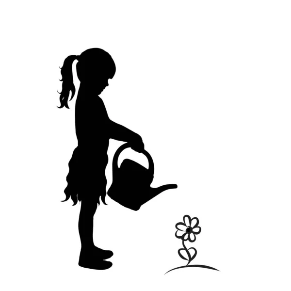 Silhouette Vectorielle Petite Fille Arrosant Fleur Sur Fond Blanc — Image vectorielle