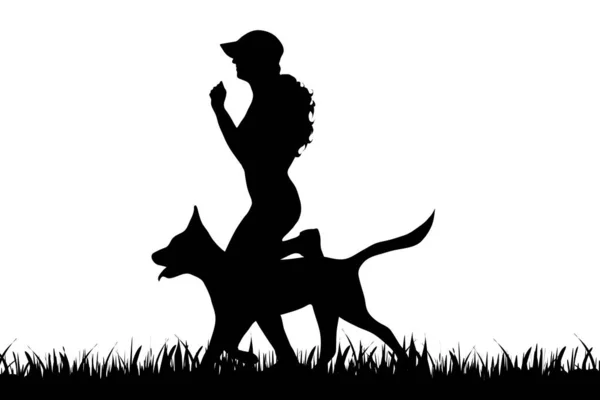 Vector Silhouette Woman Dog White Background — Stock Vector