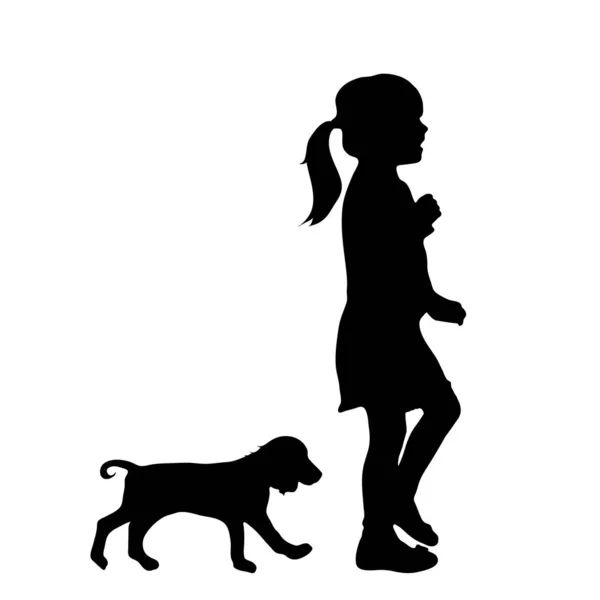 向量剪影的小女孩与狗在白色背景 — 图库矢量图片