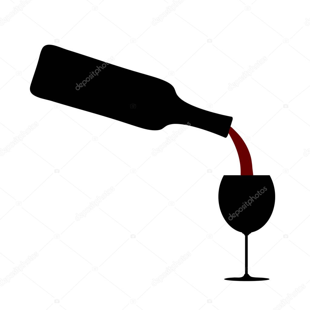 Vector silhouette of bottle of wine and wineglass on white background.