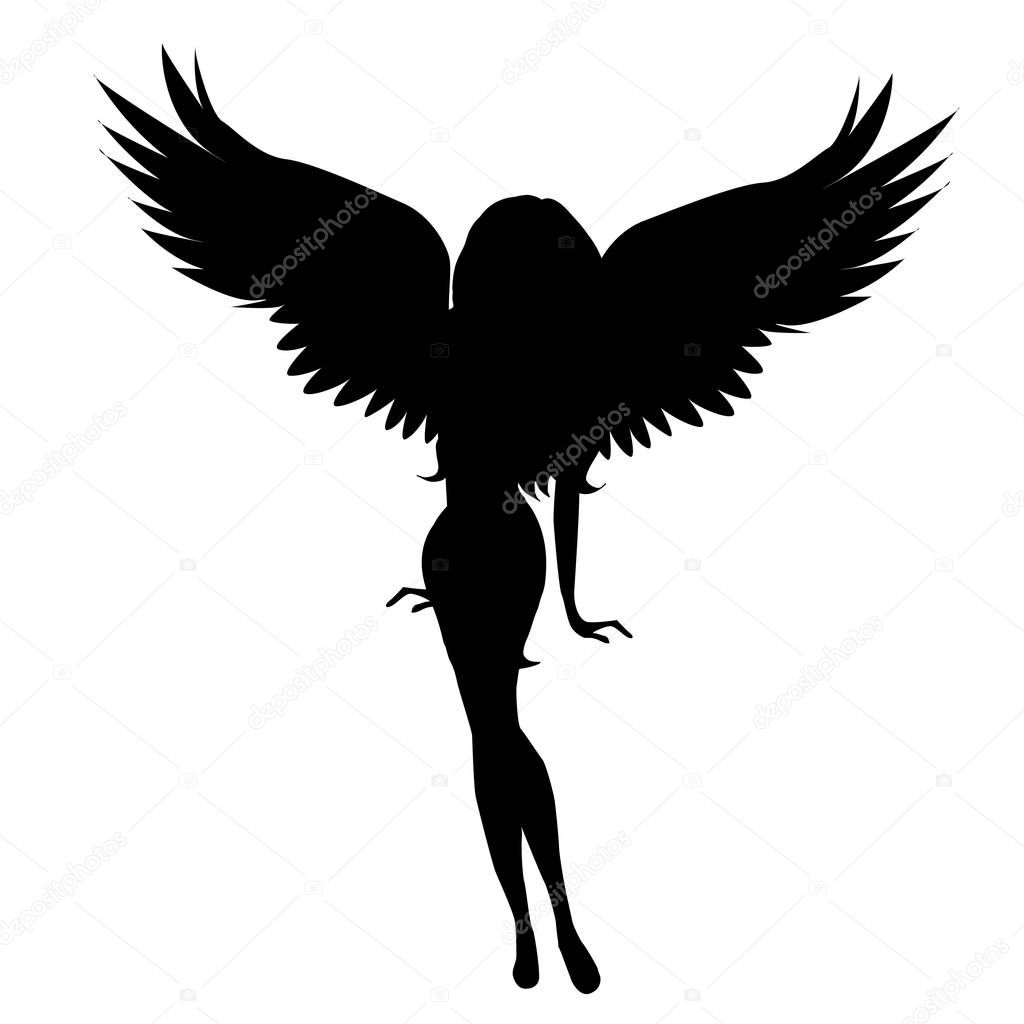 Vector silhouette of a woman with wings on a white background.