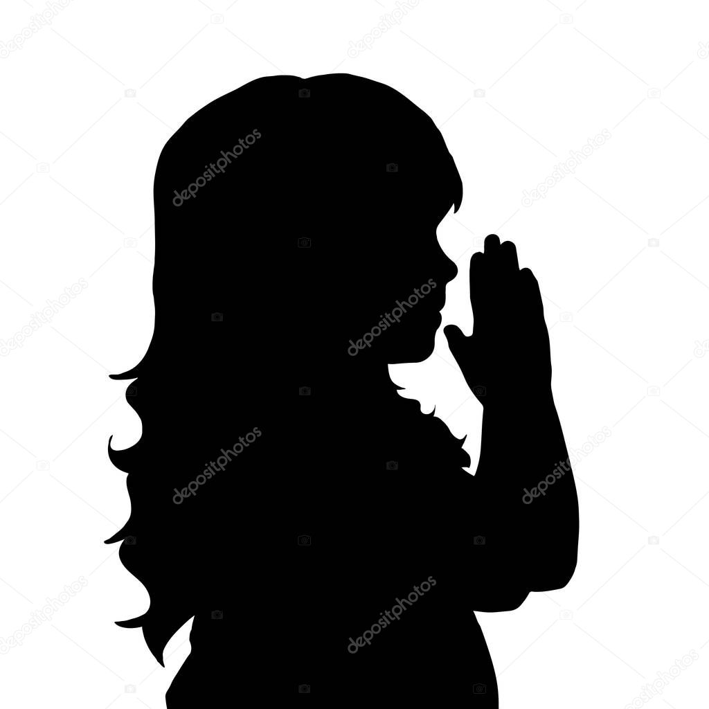 Vector silhouette of girl praying on white background.