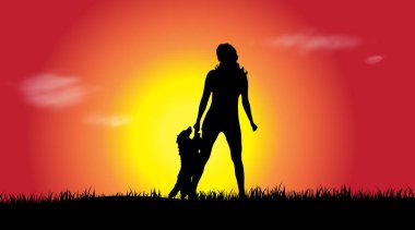 Kadın ile köpek vasıl günbatımı siluet vektör.