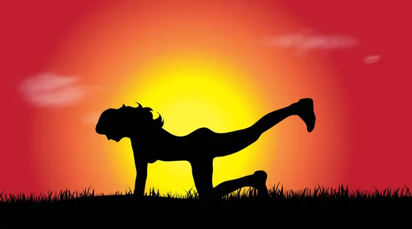 Silhouette Vectorielle Femme Qui Fait Sport Coucher Soleil — Image vectorielle