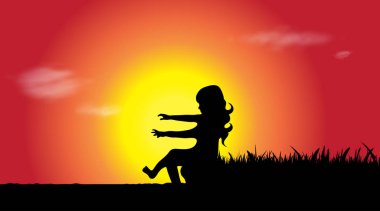 Günbatımında suyun kenarında oturan kızın siluet vektör.