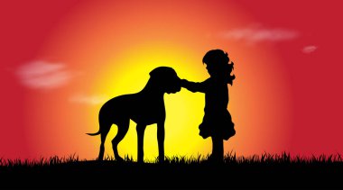 Gün batımında köpek ile bir kız siluet vektör.