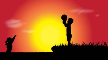 Kardeşin batımında suda siluet vektör.