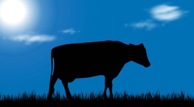 İnek güneşli gün, çayır üzerinde vektör silüeti.