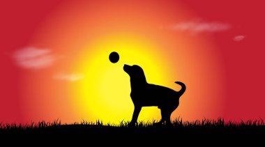 Günbatımında bir köpek siluet vektör.