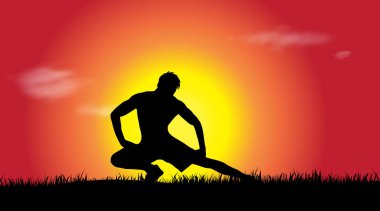 Gün batımında spor adam silüeti vektör.