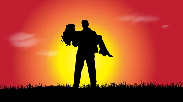 Vector Silhouette Couple Sunset — Stock Vector