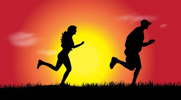 Vektorsilhouette Eines Paares Das Bei Sonnenuntergang Sport Treibt — Stockvektor