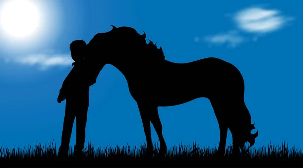 Vector Silhouette Child Horse Meadow — Stock Vector