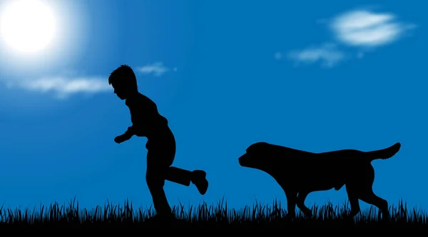 Vektor Silhouette Eines Jungen Mit Hund Auf Weißem Hintergrund — Stockvektor