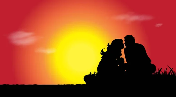 Silhouette Vectorielle Couple Dans Nature Coucher Soleil — Image vectorielle