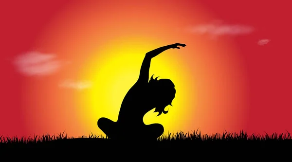 Silhouette Vectorielle Femme Qui Fait Sport Coucher Soleil — Image vectorielle