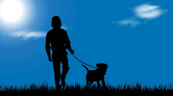 Vector Silhouet Van Man Met Hond Bij Tuin — Stockvector