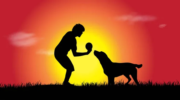 Διάνυσμα Σιλουέτα Του Ανθρώπου Σκύλο Στο Ηλιοβασίλεμα — Διανυσματικό Αρχείο