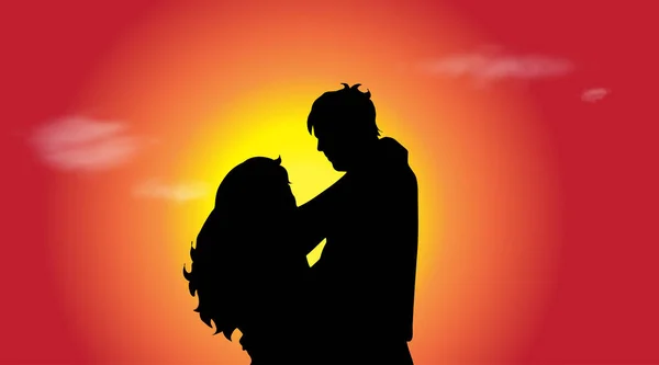 Silhouette Vectorielle Couple Dans Nature Coucher Soleil — Image vectorielle