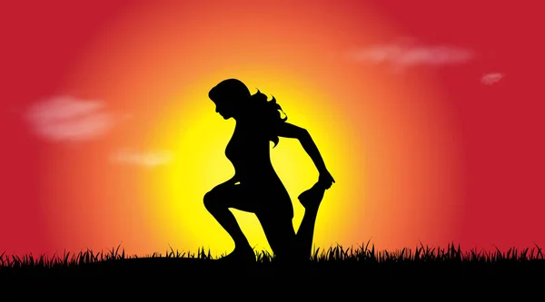 Vector Silhouet Van Vrouw Die Bij Zonsondergang Sport — Stockvector