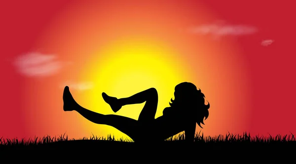 Silhouette Vectorielle Femme Qui Fait Sport Coucher Soleil — Image vectorielle