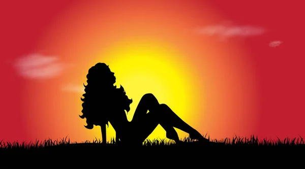 Silhouette Vectorielle Une Femme Coucher Soleil — Image vectorielle