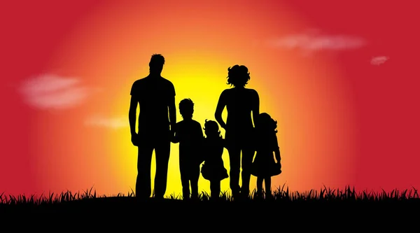 Silueta Vectorial Una Familia Atardecer — Vector de stock