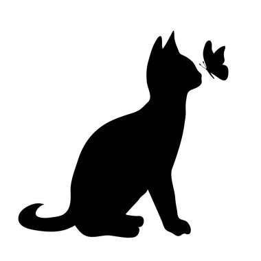 Beyaz arka plan üzerinde kelebek ile kedi silüeti vektör.