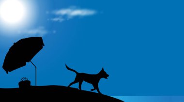 Köpek güneşli bir gün plajda siluet vektör.