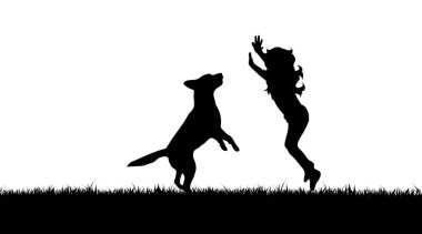 Beyaz arka plan üzerinde köpek ile kız siluet vektör.