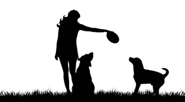 Kadın ile köpek beyaz zemin üzerine siluet vektör.