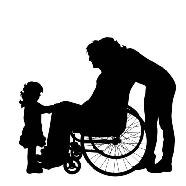 Adam tekerlekli sandalye beyaz zemin üzerine ailesiyle silüeti vektör.