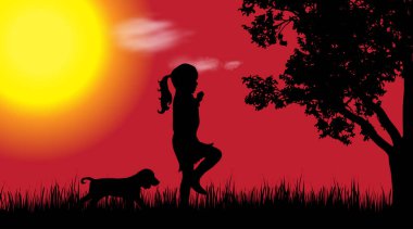 Kızla köpek gün batımında doğada silüeti vektör.