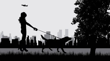 Şehir Parkı köpek ile kadın silüeti vektör.
