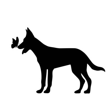 Beyaz arka plan üzerinde kelebek köpek siluet vektör.