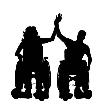 Çift beyaz zemin üzerine tekerlekli sandalye üzerinde vektör silüeti.